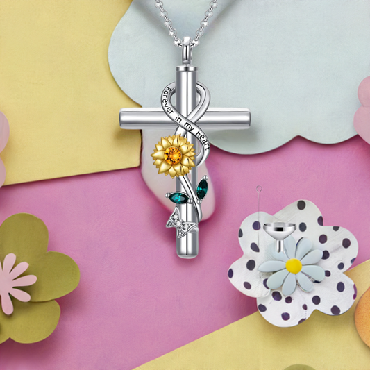 Sterling Silver Sunflower Cross Urn Pendant